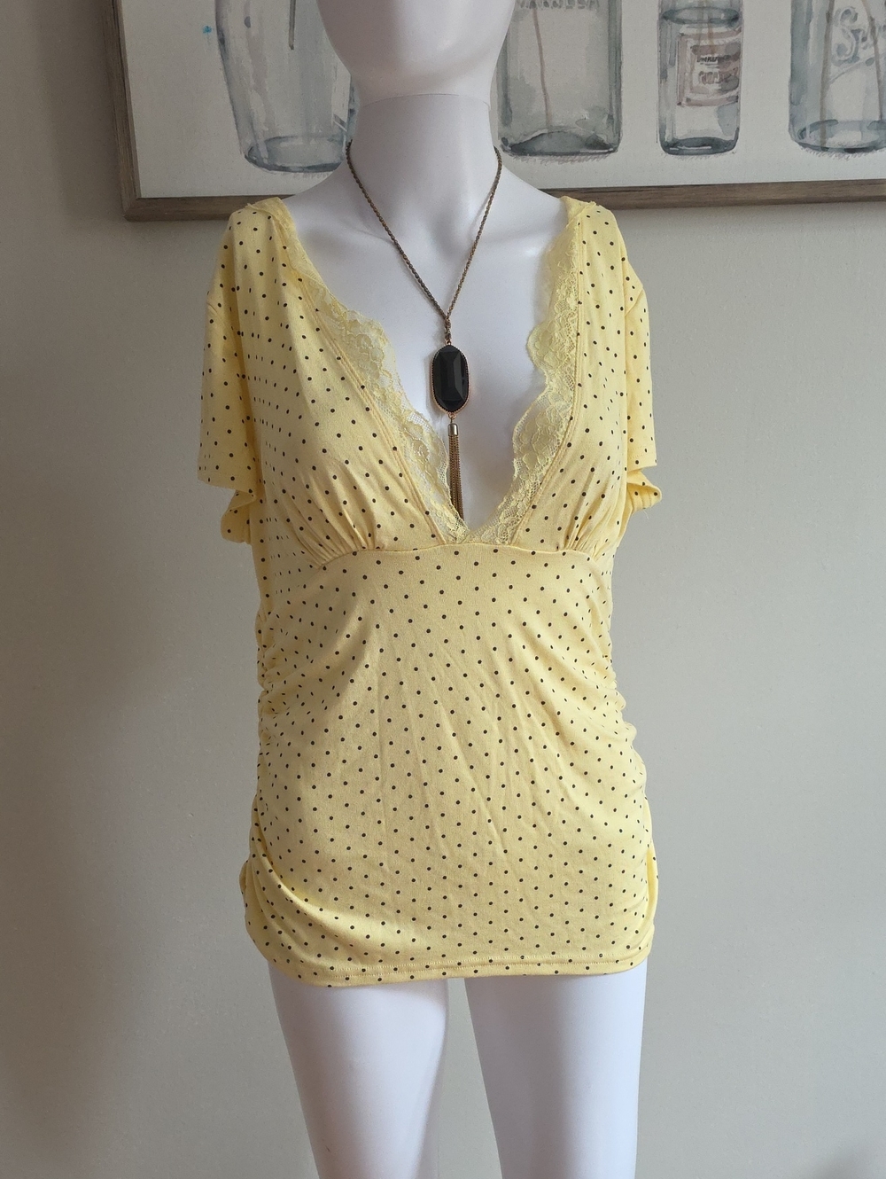Yellow Polka Dot Lace-Trim Chemise Top